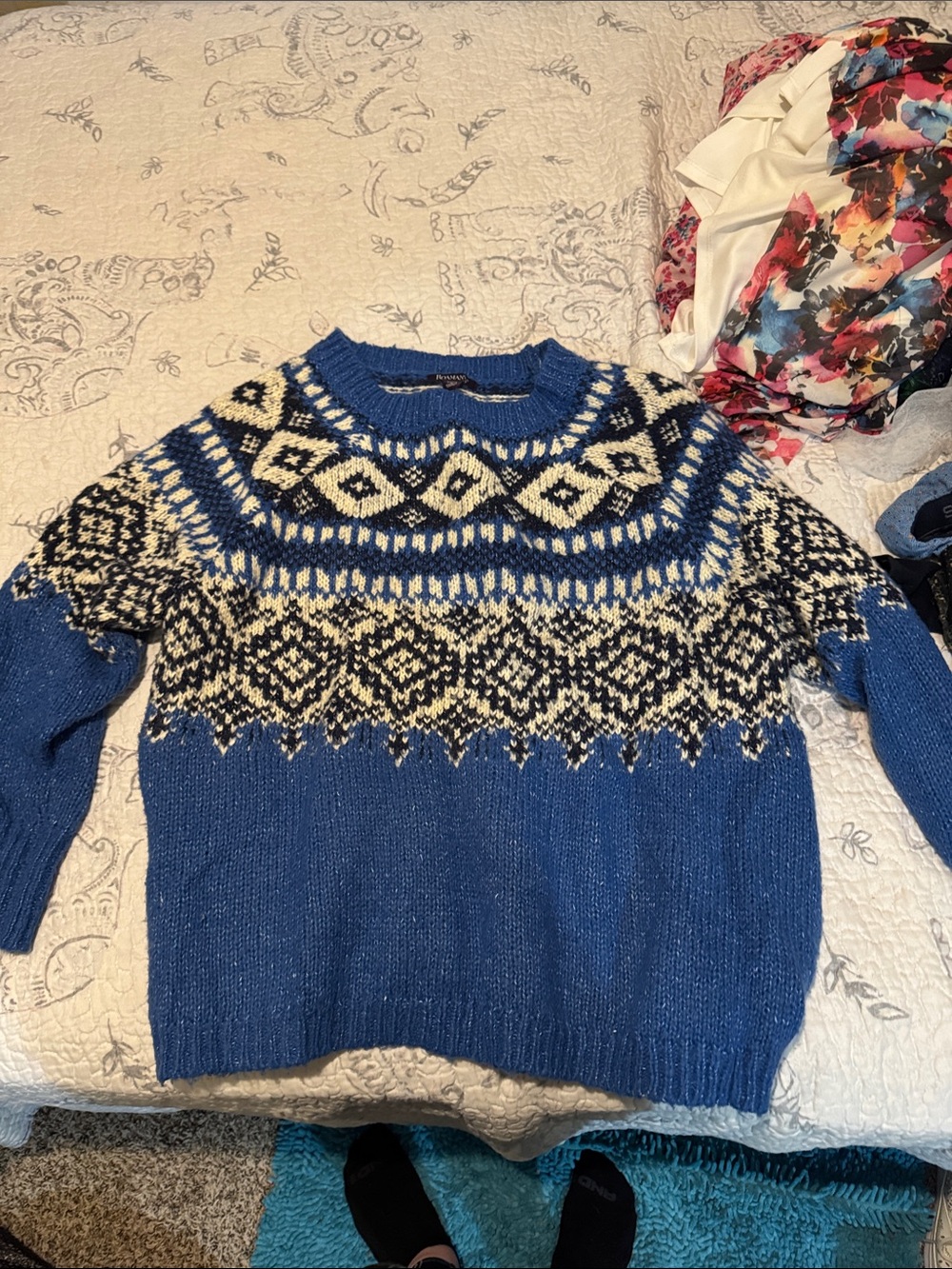 Roaman's Blue Fair Isle Crewneck Sweater with Cream and Black Pattern